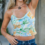 Floral Spaghetti Coquette Crop Top BLUE / S