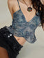 Floral Spaghetti Strap V Neck Backless Camisole Crop Top blue / S