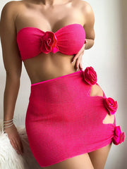 Floral Strapless Three Piece Set Rose Red / XS