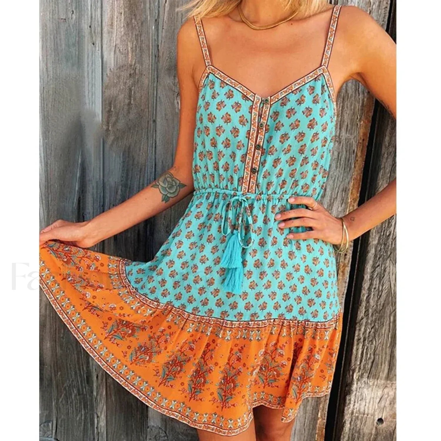 Floral Strappy Mini Boho Dress Turquoise / S Main image