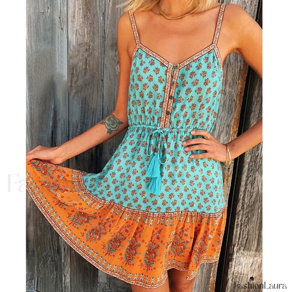 Floral Strappy Mini Boho Dress Turquoise / S