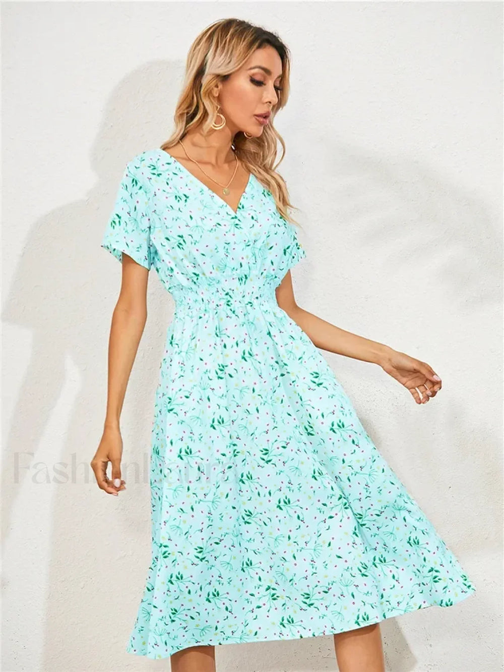 Floral Summer Long Sleeve Chic Holiday Midi Dress Light Green / S