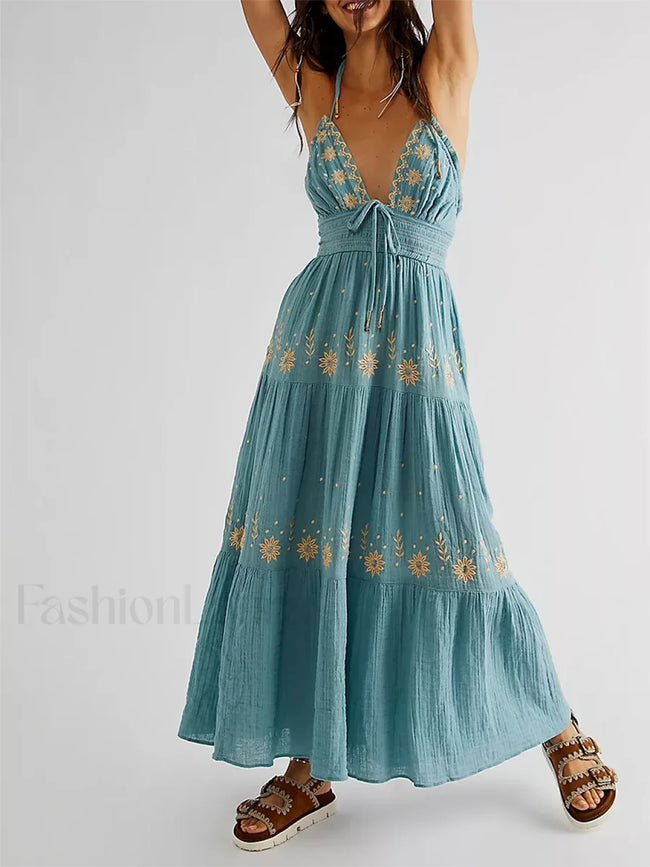 Floral Tie Up Halter Boho Dress color7 / S Main image