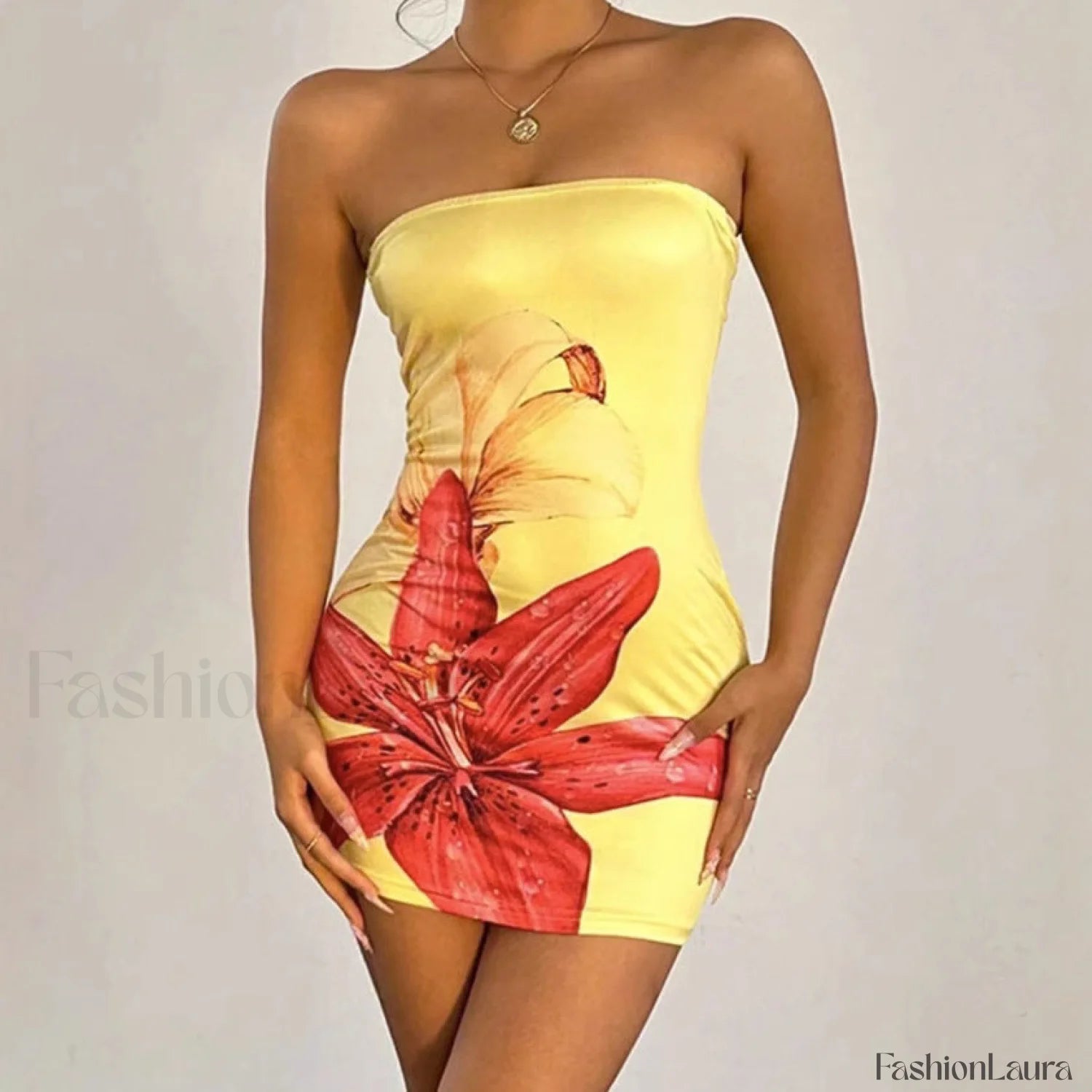 Floral Tube Top Waist Slim Beach Mini Dress Yellow / S