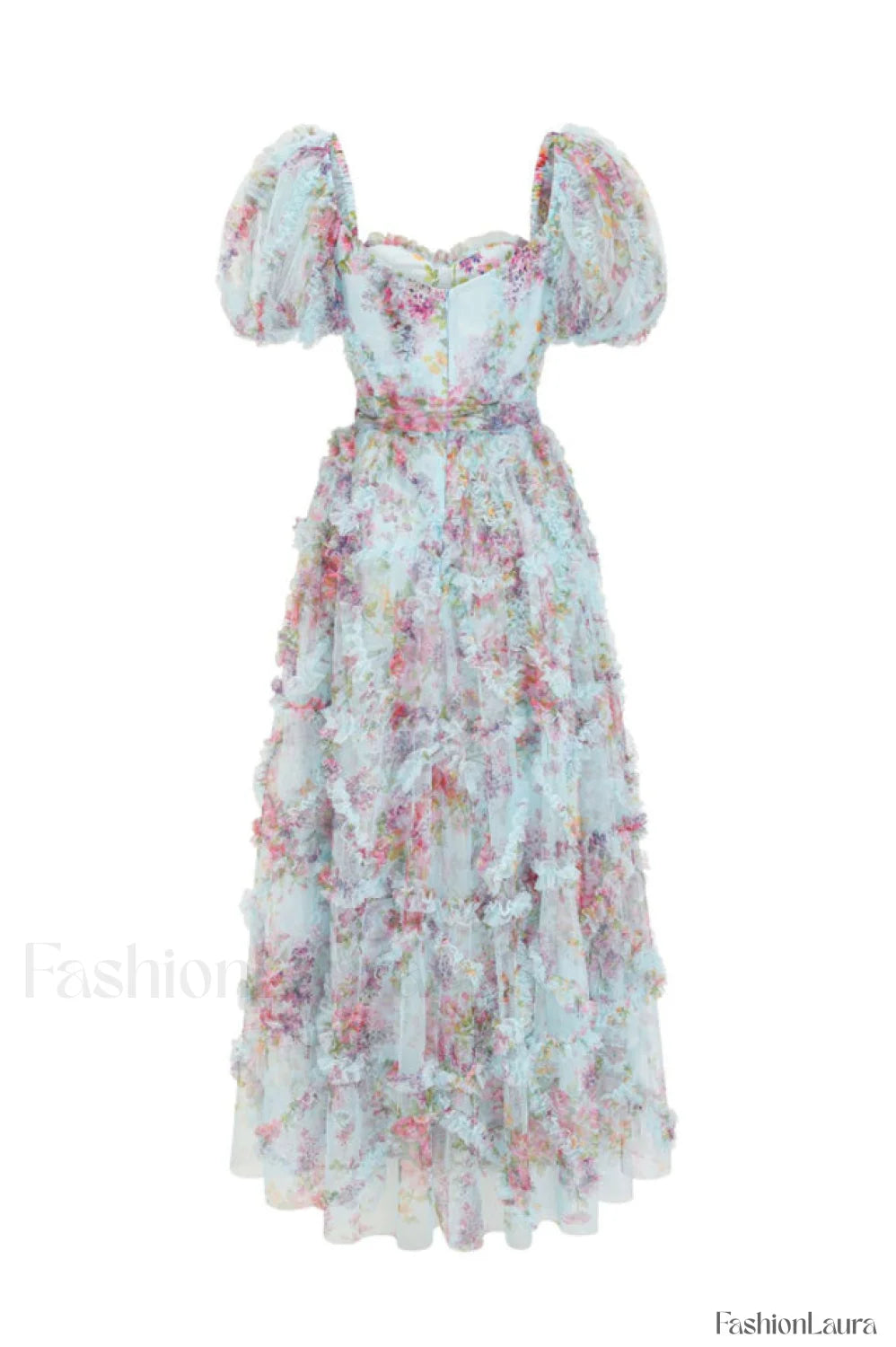 Floral Tulle Puff Sleeve Graceful Bow Tie Maxi Dress