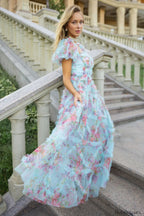 Floral Tulle Puff Sleeve Graceful Bow Tie Maxi Dress