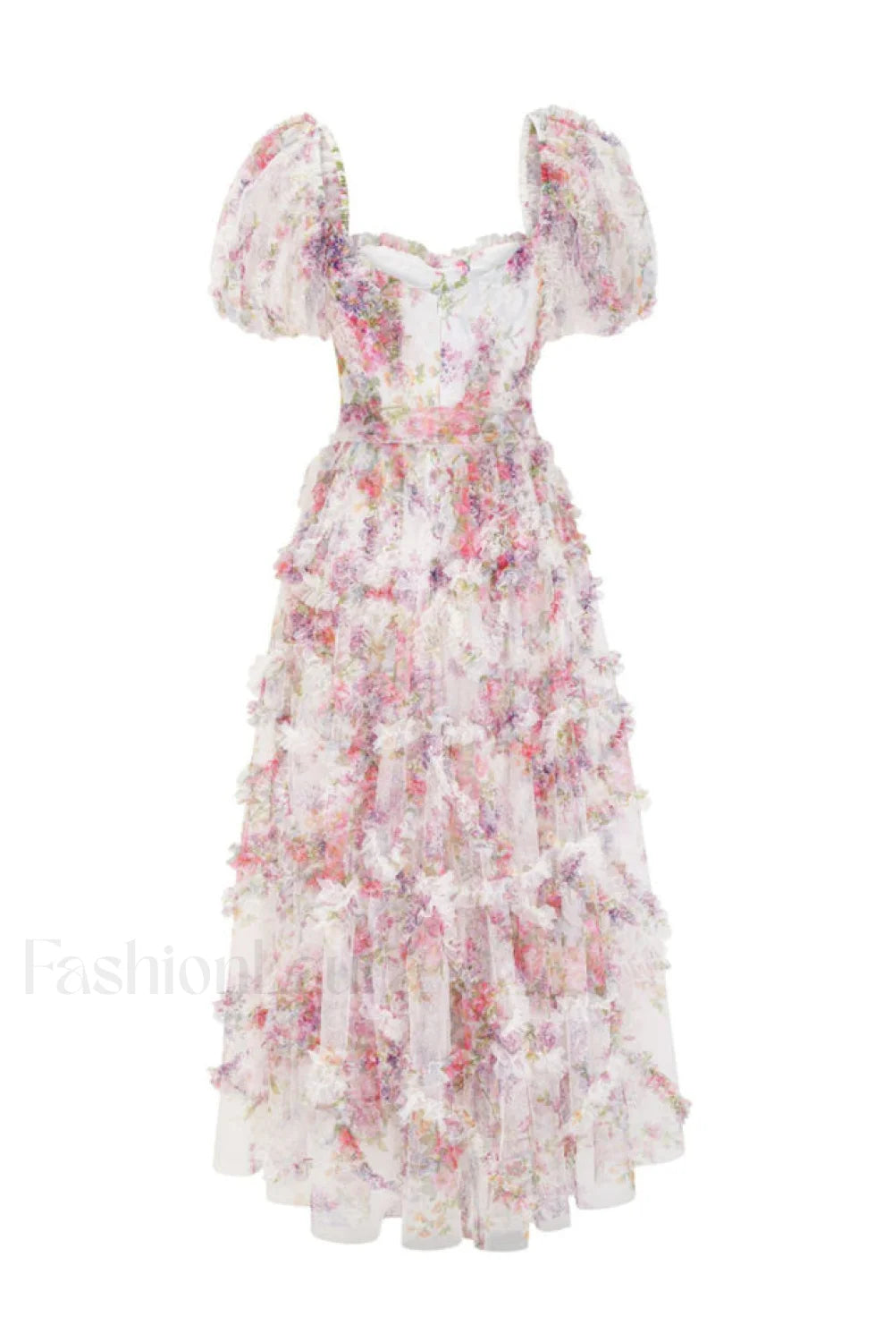 Floral Tulle Puff Sleeve Graceful Bow Tie Maxi Dress