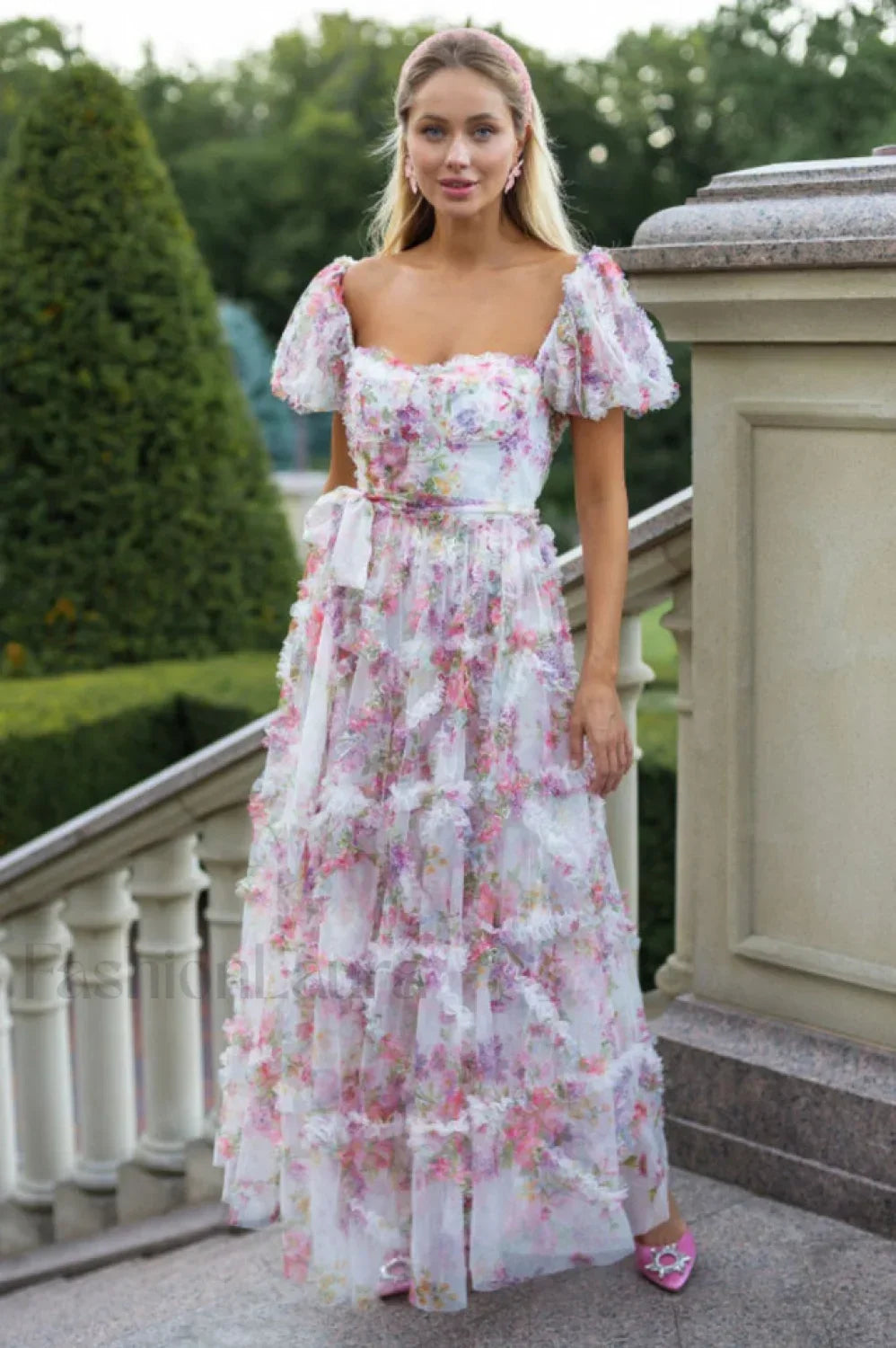 Floral Tulle Puff Sleeve Graceful Bow Tie Maxi Dress Main image