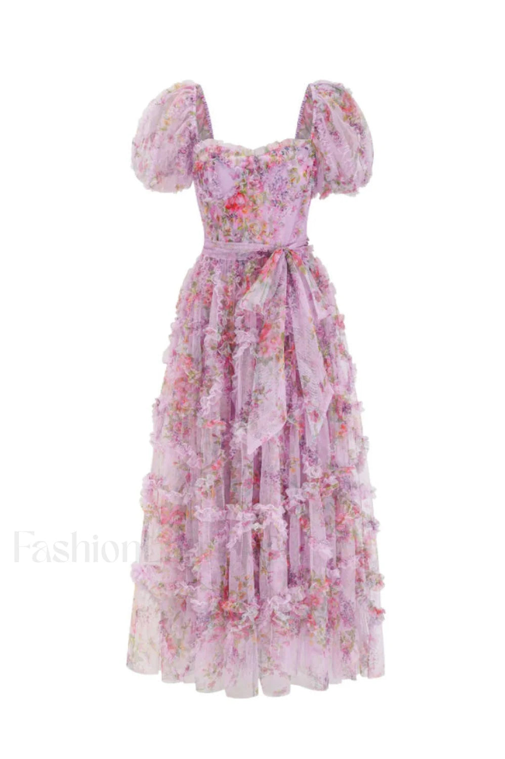 Floral Tulle Puff Sleeve Graceful Bow Tie Maxi Dress S / Lilac Floral