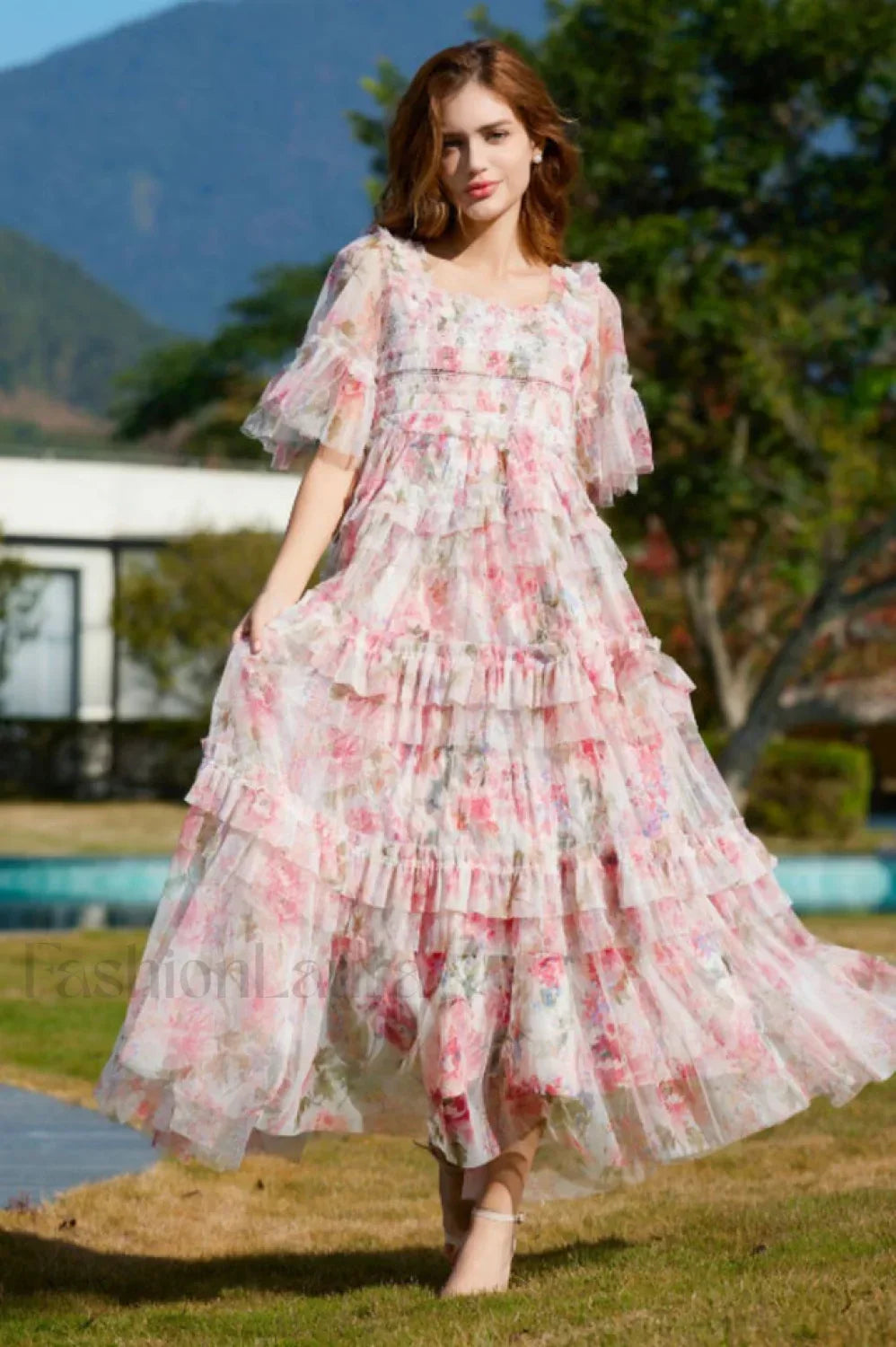 Floral Tulle Ruffle Charming Layered Maxi Dress Main image