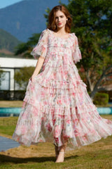 Floral Tulle Ruffle Charming Layered Maxi Dress