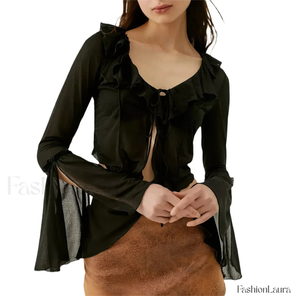 Floral V Neck Sleeve White Tops Clothes Blouse Black / S