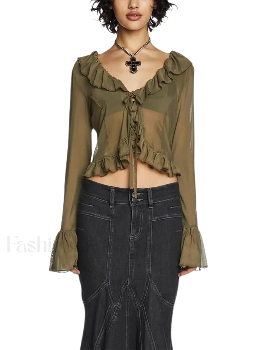 Floral V Neck Sleeve White Tops Clothes Blouse Brown / S