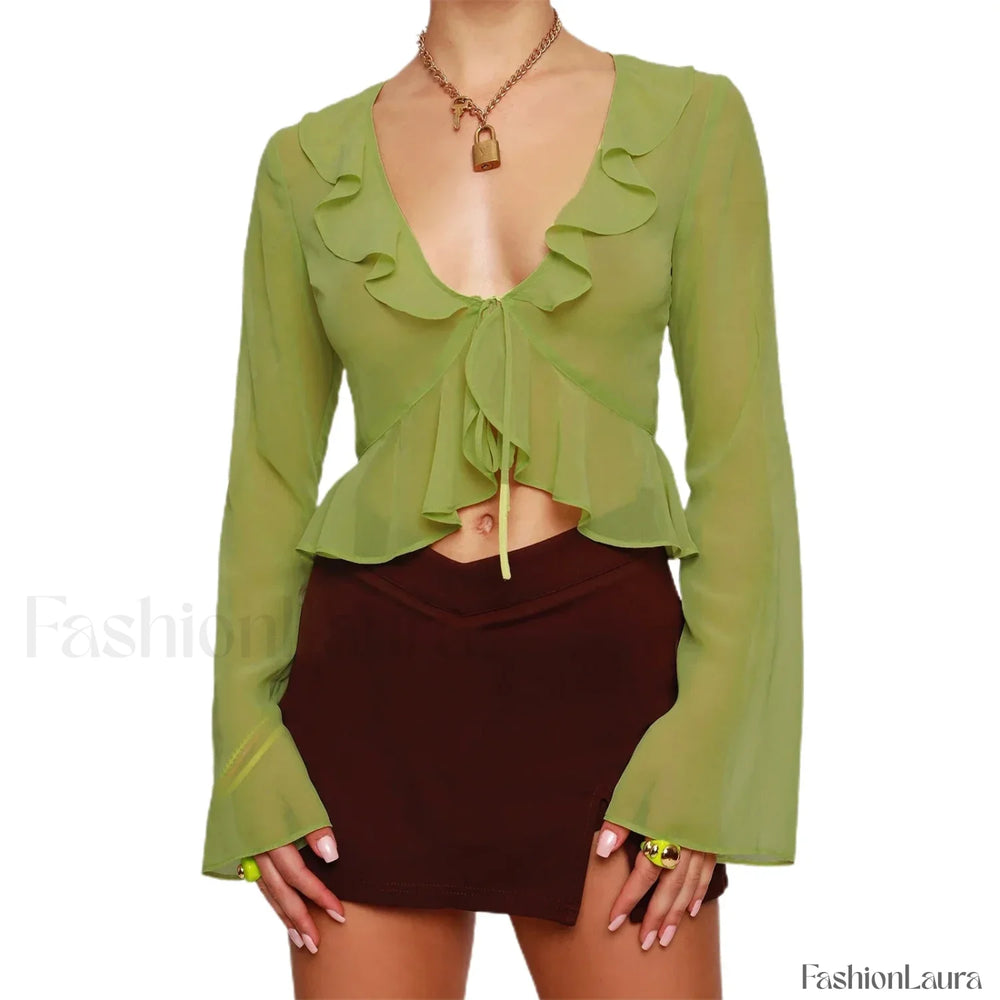 Floral V Neck Sleeve White Tops Clothes Blouse Green / S