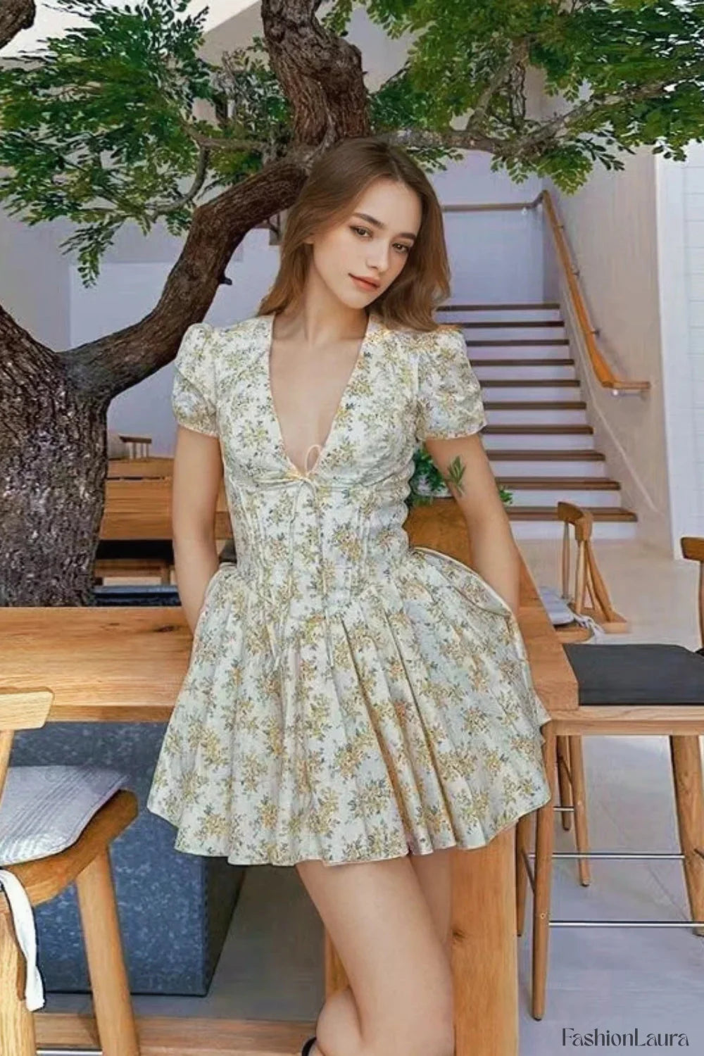 Floral V Neck Slim Fit Puff Sleeve French Retro Floral Dress