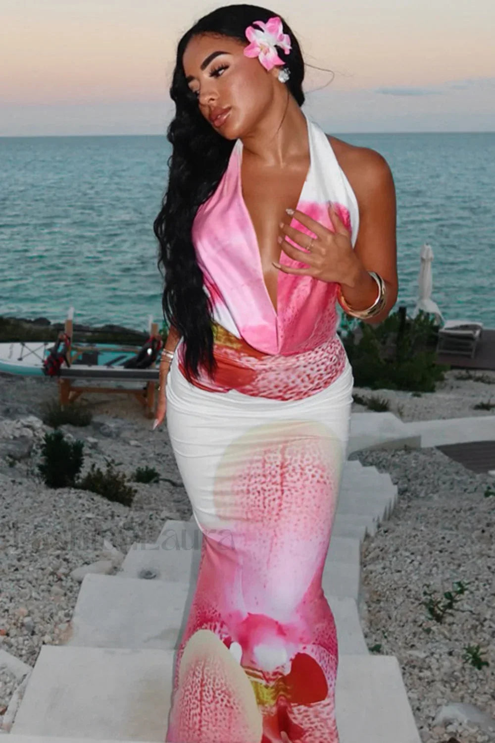 Floral Waist Cinched Backless Tie Maxi Dress Pink / S Main image