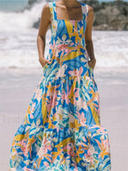 Floral Wide Strap A Line Maxi Dress GREEN / S