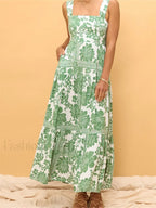 Floral Wide Strap A Line Maxi Dress green / S