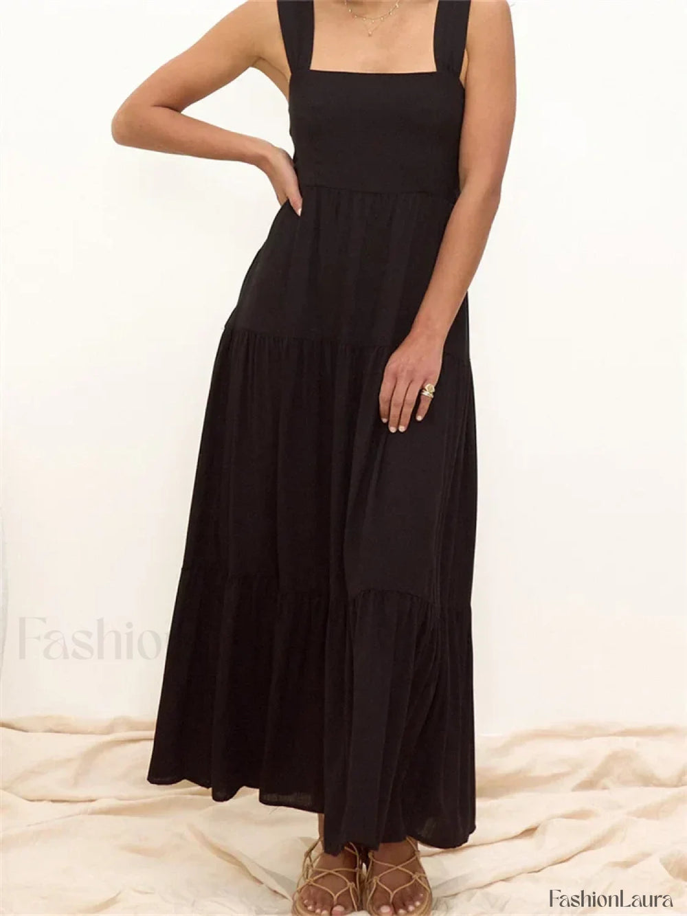 Floral Wide Strap A Line Maxi Dress black / S