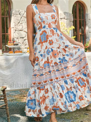 Floral Wide Strap A Line Maxi Dress blue 1 / S