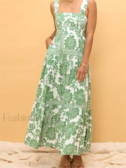 Floral Wide Strap A Line Maxi Dress green / S