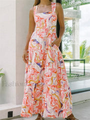 Floral Wide Strap A Line Maxi Dress pink / S