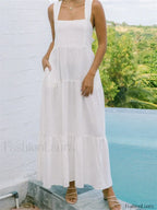 Floral Wide Strap A Line Maxi Dress white / S