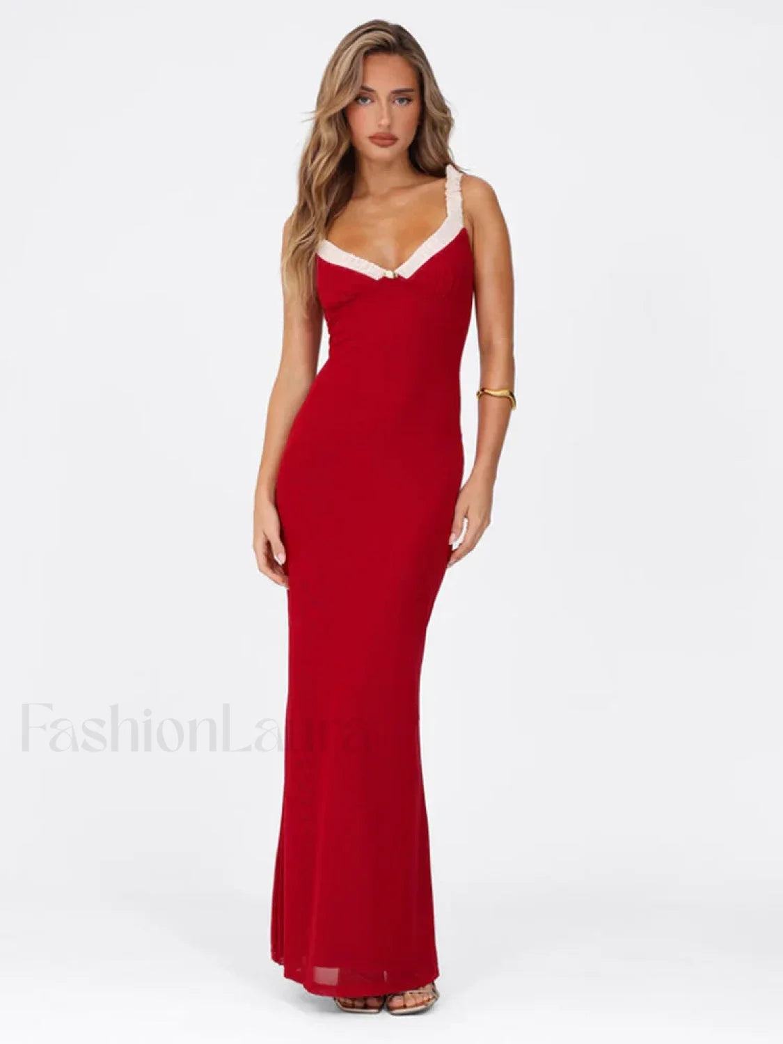 Flower Decor Red Spaghetti Maxi Dress Secondary image