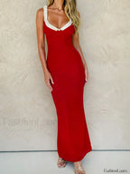 Flower Decor Red Spaghetti Maxi Dress Red / S