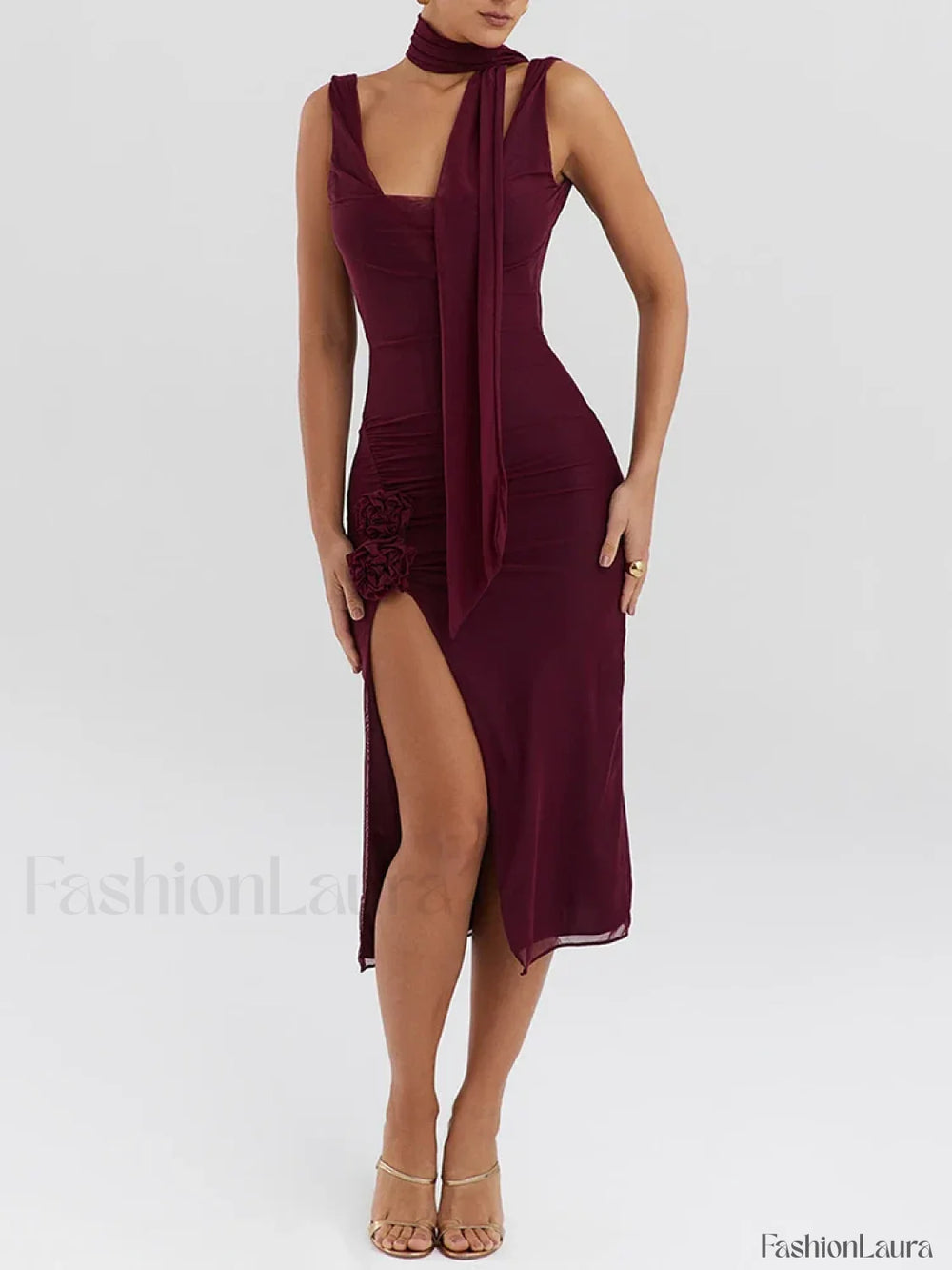 Flower High Split Midi Dress Wine Red / L