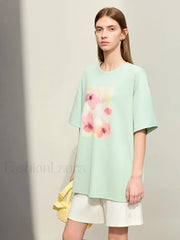 Flower Print Drop Sleeve T Shirt Green / S