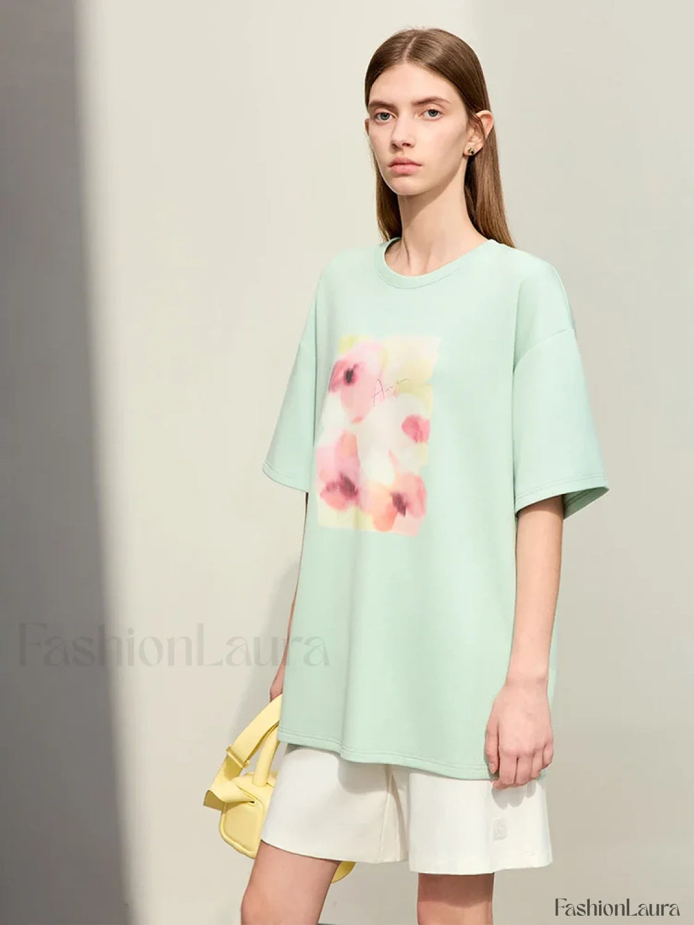 Flower Print Drop Sleeve T Shirt Green / S