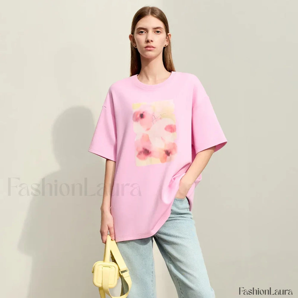 Flower Print Drop Sleeve T Shirt Pink / S