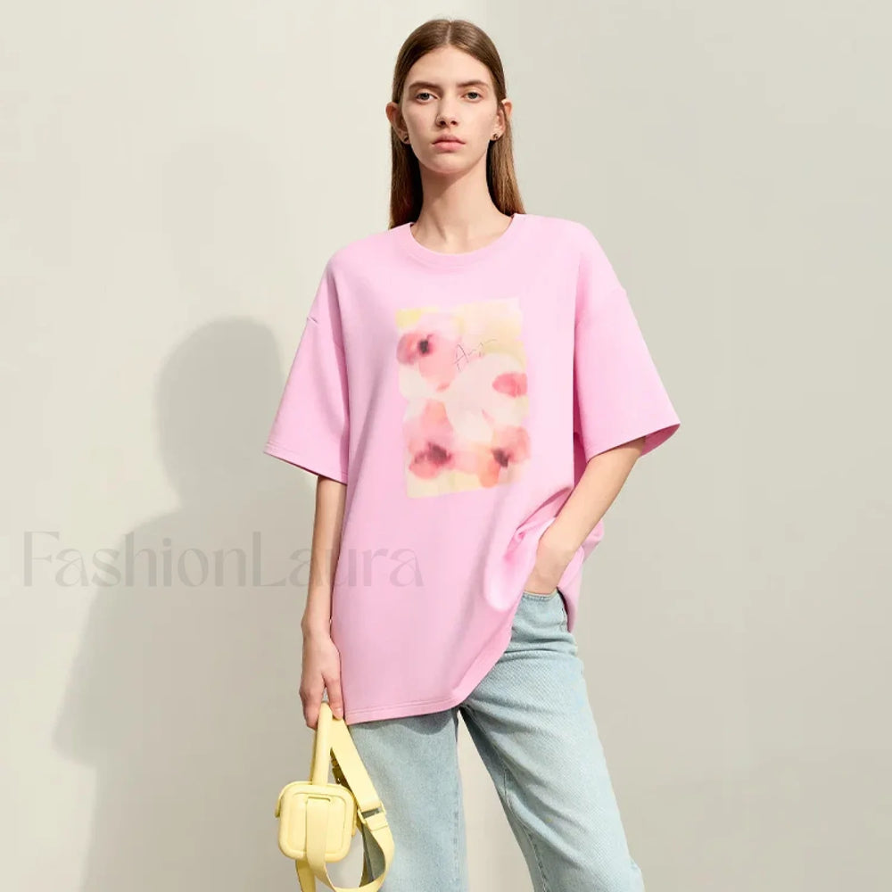 Flower Print Drop Sleeve T Shirt Pink / S