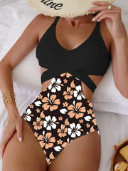 Flower Print Green One Piece black1 / S