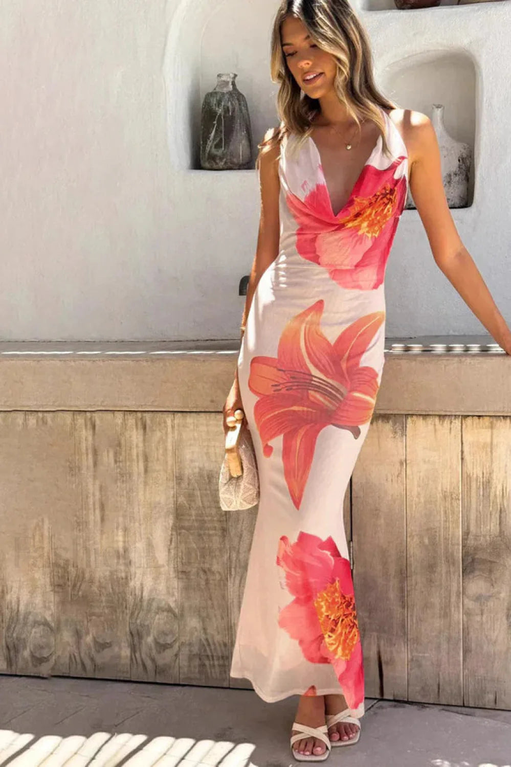 Flower Print Slim-Fit Fishtail Dress French Holiday Style Secondary image