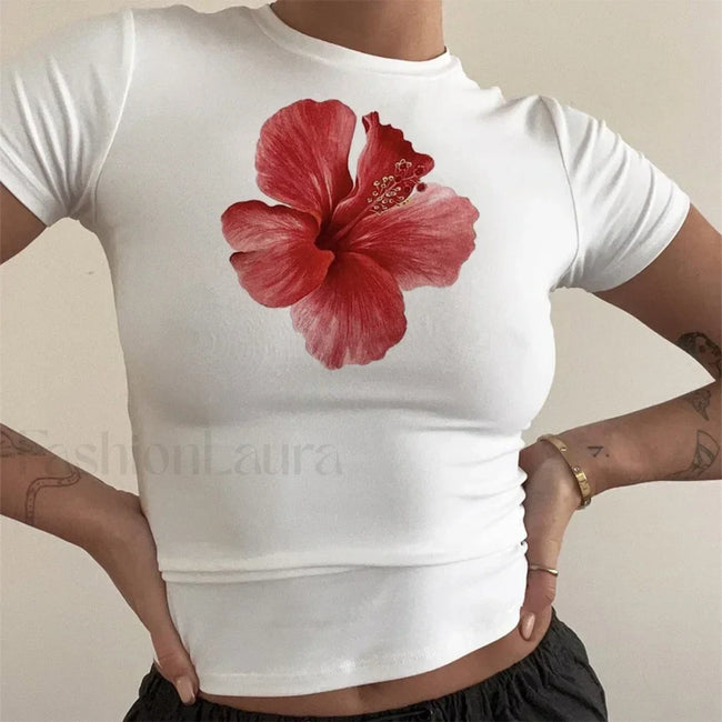 Flower Print Vintage Crop Top T Shirt Main image