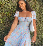 Flower Short Sleeve Maxi Dress blue flower / XS