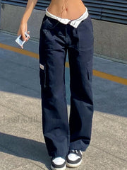 Fold Over Waist Y2K Straight Leg Pants Navy Blue / S Straight Leg Pants
