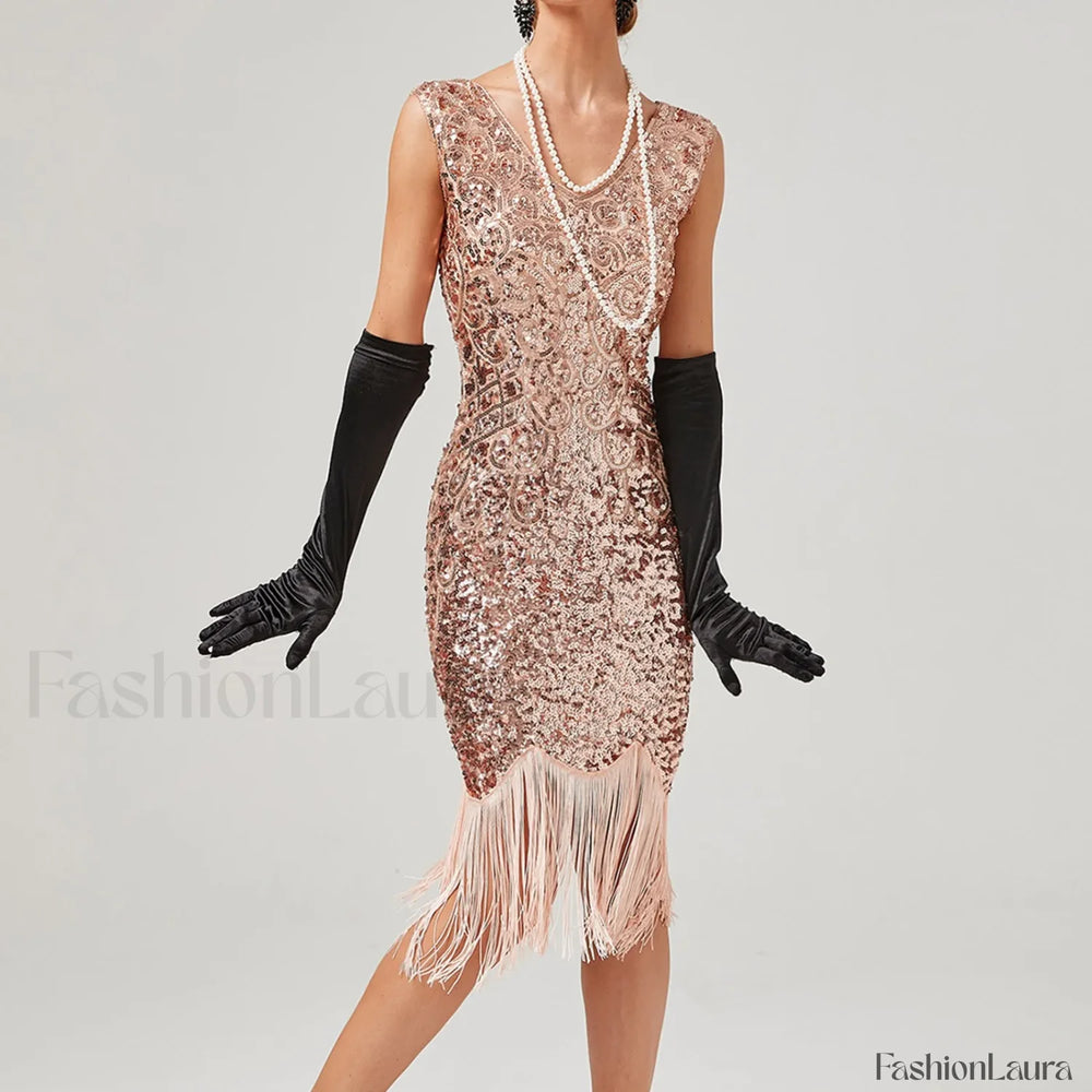 For Women 2024 1920s O neck Sleeveless Tassel Shinny Glitter Sequin Club Party Vestidos Prom Dress