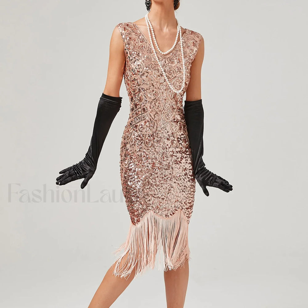For Women 2024 1920s O neck Sleeveless Tassel Shinny Glitter Sequin Club Party Vestidos Prom Dress