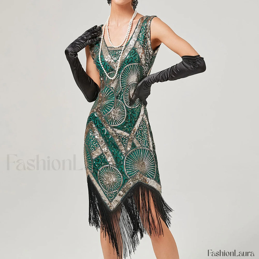 For Women 2024 1920s O neck Sleeveless Tassel Shinny Glitter Sequin Club Party Vestidos Prom Dress GREEN / S