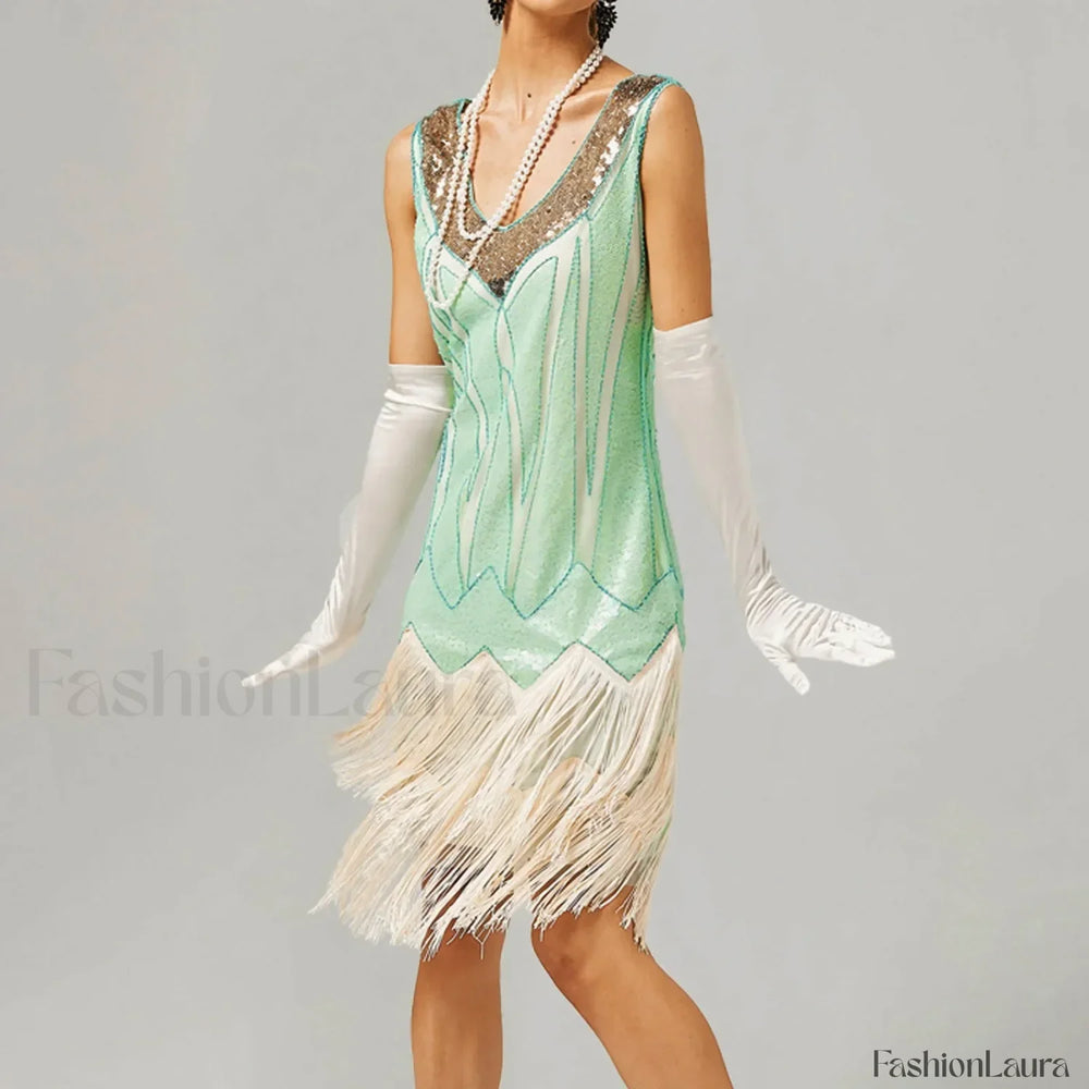 For Women 2024 1920s O neck Sleeveless Tassel Shinny Glitter Sequin Club Party Vestidos Prom Dress Light Blue / S