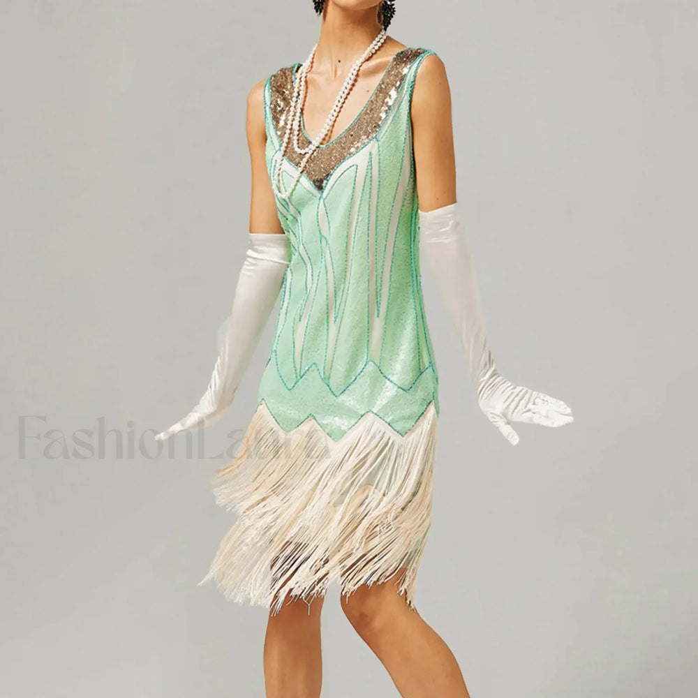 For Women 2024 1920s O neck Sleeveless Tassel Shinny Glitter Sequin Club Party Vestidos Prom Dress Light Blue / S