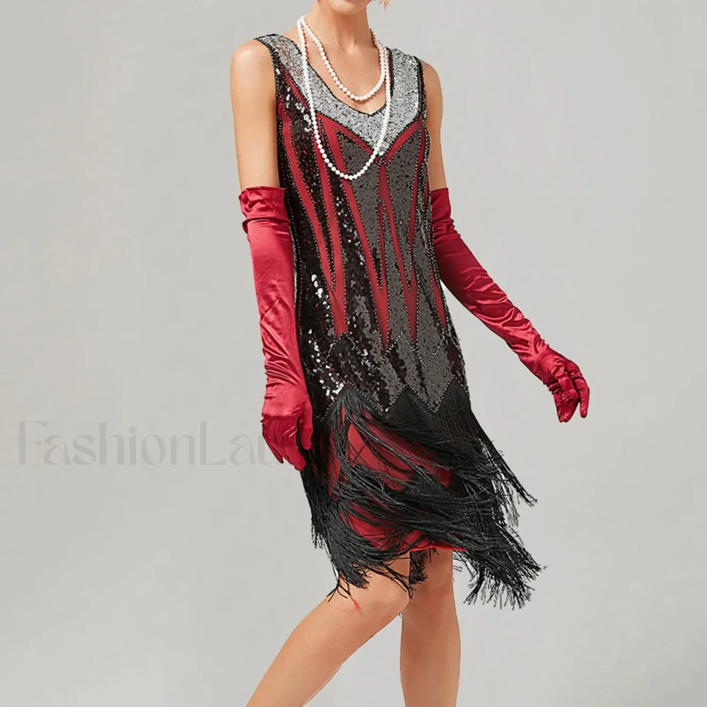 For Women 2024 1920s O neck Sleeveless Tassel Shinny Glitter Sequin Club Party Vestidos Prom Dress RED / S