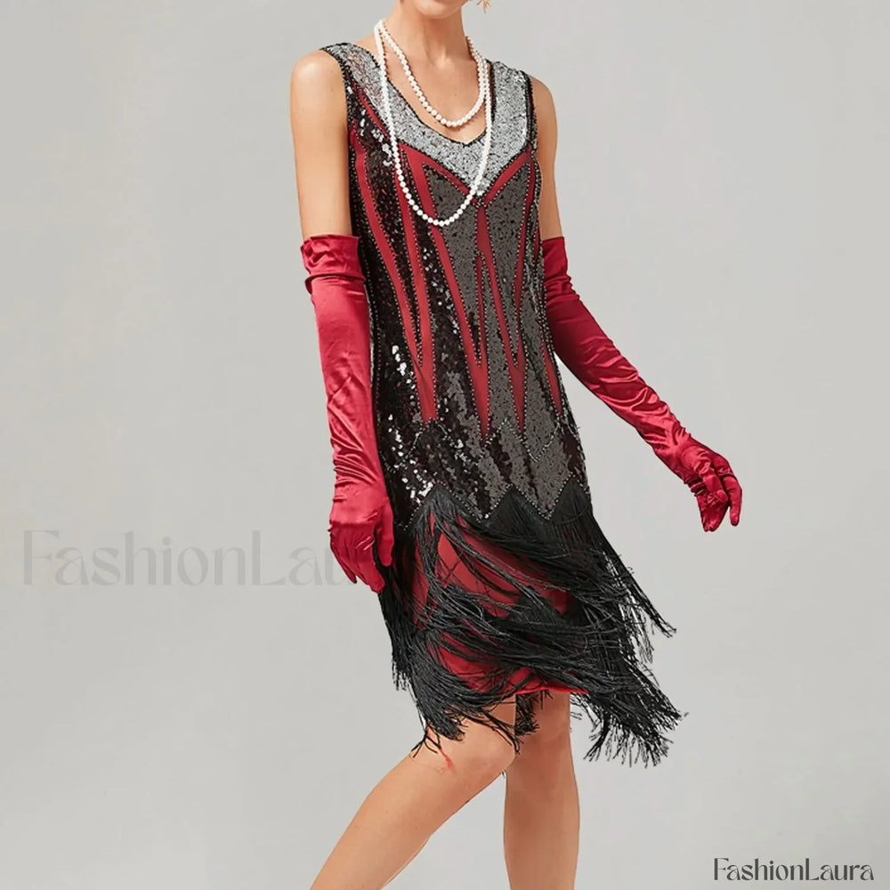 For Women 2024 1920s O neck Sleeveless Tassel Shinny Glitter Sequin Club Party Vestidos Prom Dress RED / S