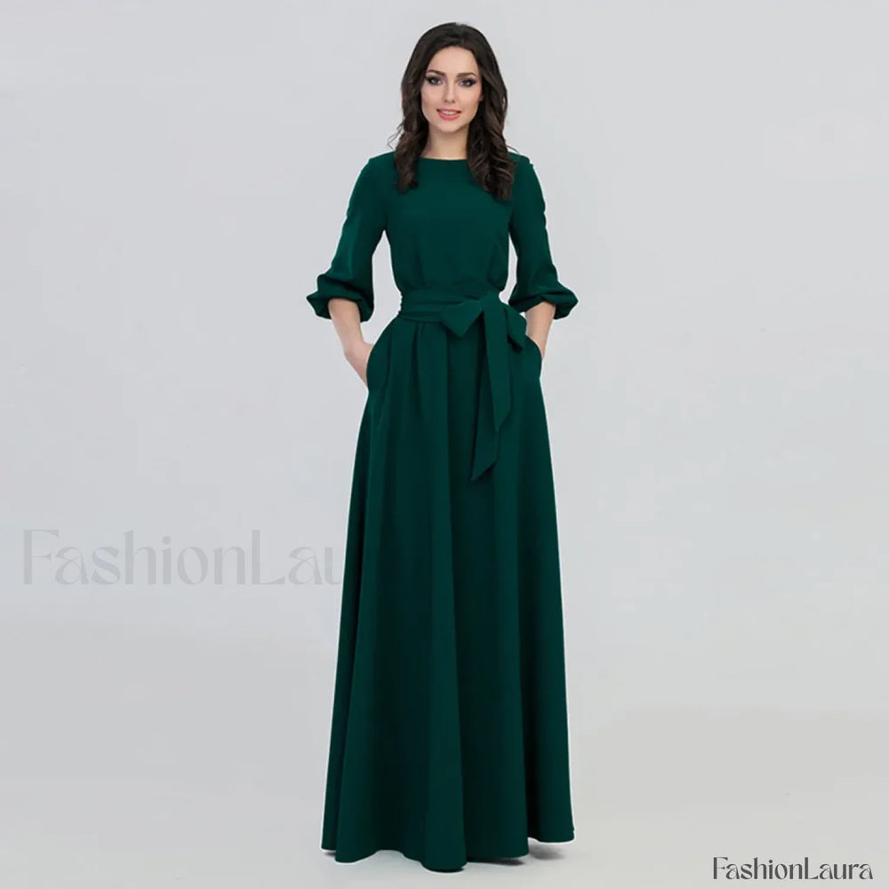 For Women 2024 Long Sleeve Crew Neck Solid Color Lantern Sleeve With Belt Formal Elegant Prom Dress Green / S