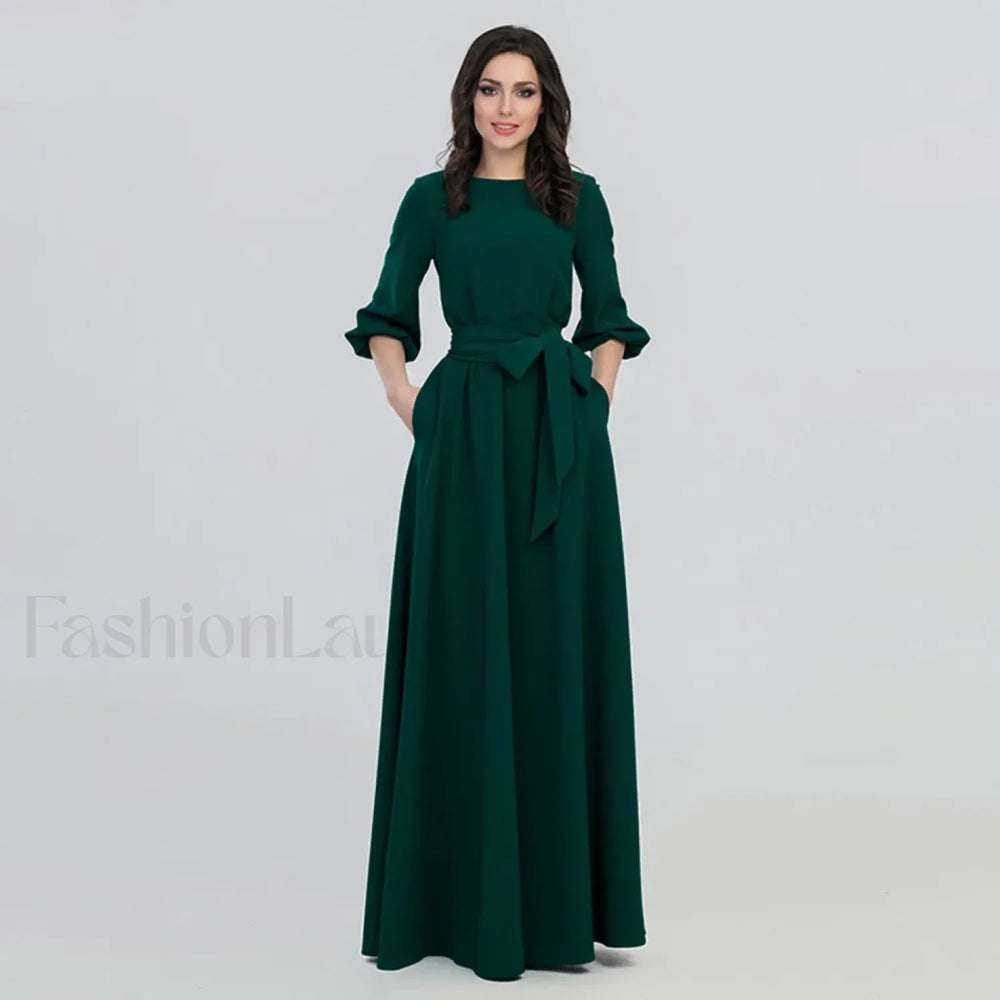 For Women 2024 Long Sleeve Crew Neck Solid Color Lantern Sleeve With Belt Formal Elegant Prom Dress Green / S