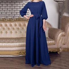 For Women 2024 Long Sleeve Crew Neck Solid Color Lantern Sleeve With Belt Formal Elegant Prom Dress Navy / S