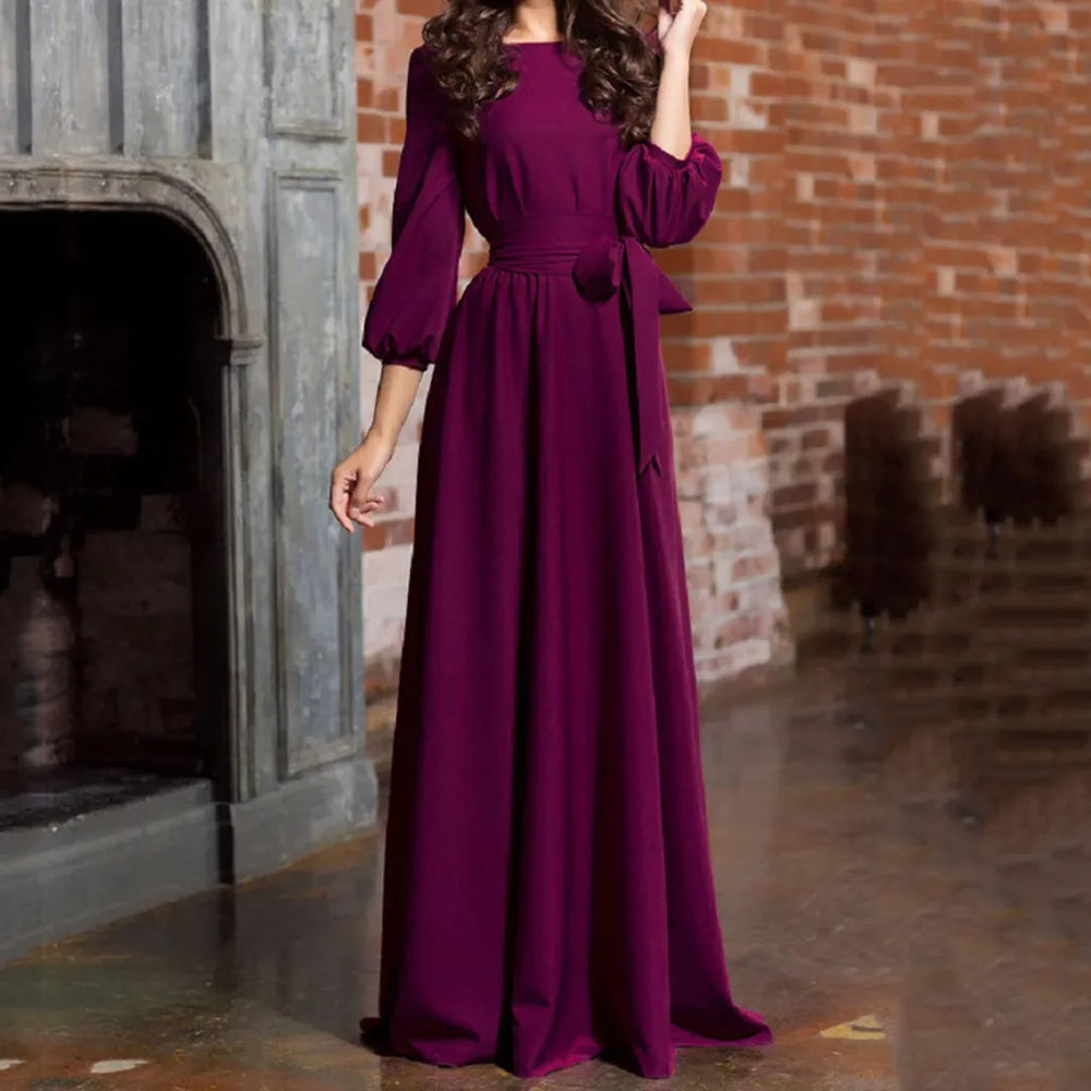 For Women 2024 Long Sleeve Crew Neck Solid Color Lantern Sleeve With Belt Formal Elegant Prom Dress Purple / S